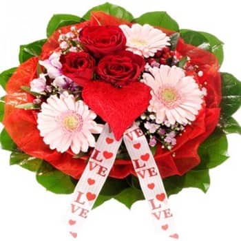 Be My Love - Heart Shaped Bouquet of Roses and Gerberas